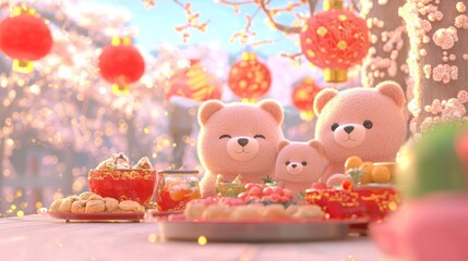 Fototapeta premium Bearing Festive Cheer: Adorable Bear Family Celebrating Lunar New Year in Colorful 3D Illustration