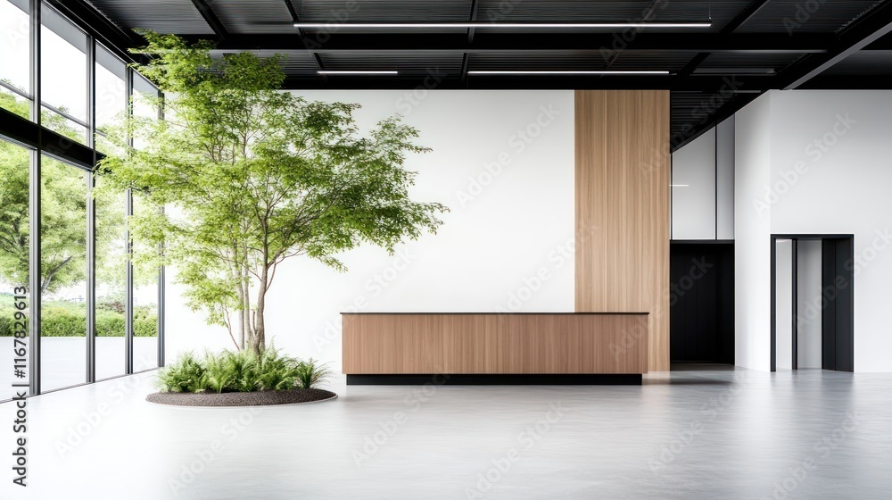 Poster modern reception area with a tree and minimalist design.