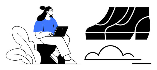 Woman in blue shirt sits on stool with laptop, nearby abstract book structure, cloud, and plant. Ideal for education, technology, remote work, learning, creativity nature and relaxation themes