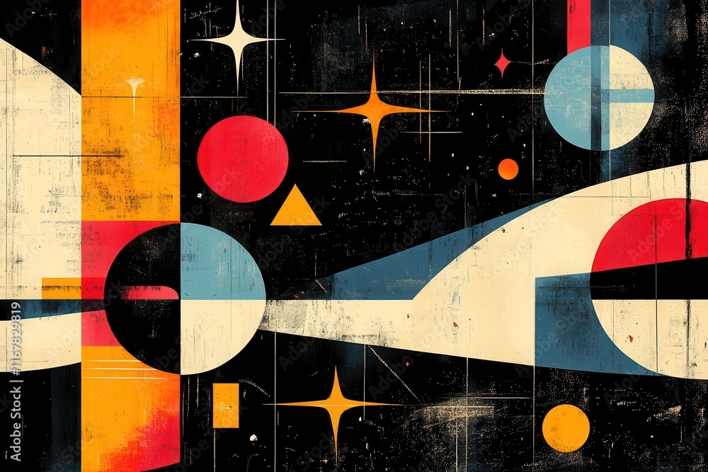 Poster dynamic retro atomic age design featuring vibrant colors and abstract shapes in mid-century modern s