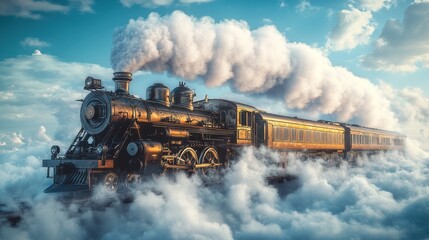 Vintage steam train above clouds, fantasy travel.