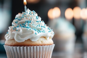 Celebrating with a beautifully decorated cupcake topped with frosting and a candle on a festive occasion
