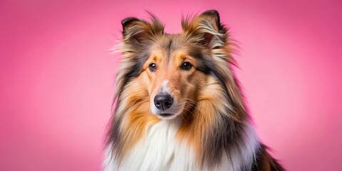 Adorable fluffy Collie portrait, isolated on pink.  Perfect pet photography, cute and cuddly.