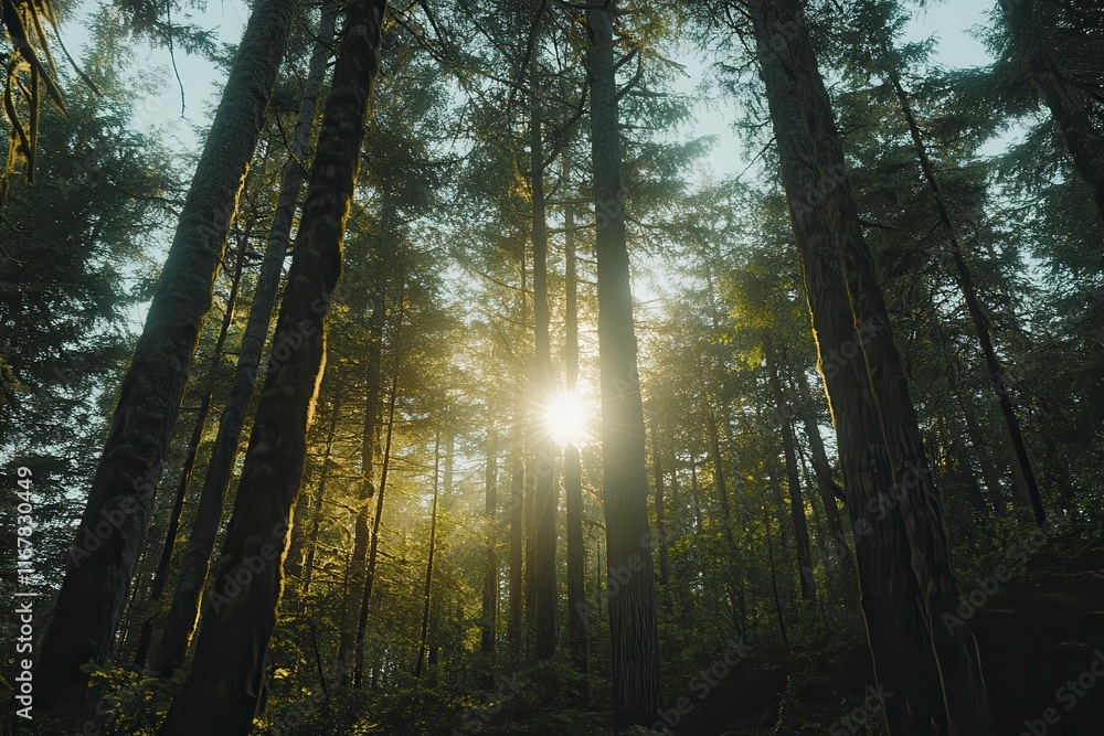 Poster sunlight streams through a dense forest creating dappled patterns of green and gold hues. generative