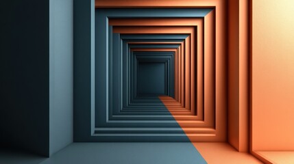 Fototapeta premium Abstract 3D rendering of a receding square tunnel with teal and orange hues.