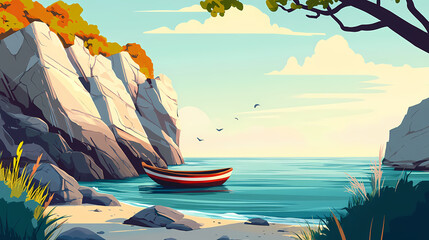 Serene coastal landscape with boat anchored near rugged shoreline. Shoreline. Illustration