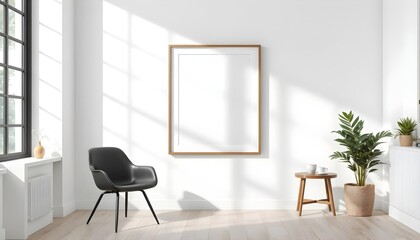 minimalist studio with frame mockup, leaning on white wall, sleek black chair, wooden table, soft natural light, clean decor, modern simplicity, serene atmosphere