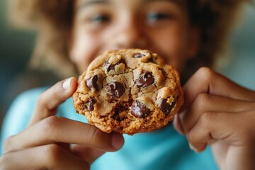Enjoying homemade chocolate chip cookies on a sunny afternoon with a joyful smile in a cozy kitchen setting