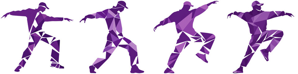Obraz premium In Row Dance Run in Korea, Four stylized figures in dynamic poses, highlighted in purple, showcasing movement and dance.