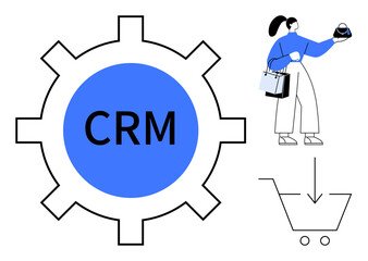 Obraz premium Businesswoman holding bags and a purse near CRM gearwheel and shopping cart button. Ideal for customer relationship management, e-commerce, sales strategy, business processes, marketing, customer
