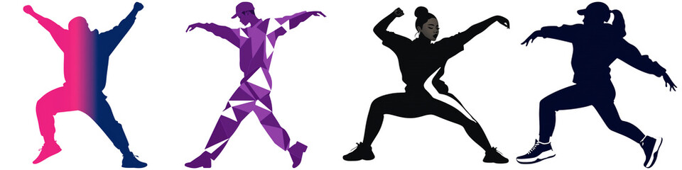 Obraz premium In Row Dance Run in Korea, The image features dynamic silhouettes of dancers in various poses, showcasing movement and energy through vibrant colors and distinct shapes.