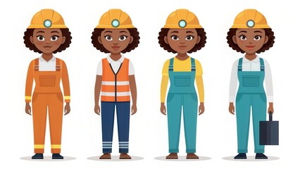 Naklejka premium Young Black Female Oil Rig Worker in Various Construction Outfits on Job Site. Generative AI