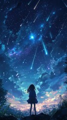 Obraz premium Enchanting starry night sky filled with twinkling stars glowing galaxies and shooting comets with the silhouette of a solitary figure standing in wonder amid a fantastical ethereal landscape