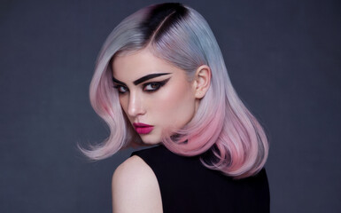 Naklejka premium A woman with a striking appearance. She has pastel-colored hair, transitioning from a light shade at the roots to a vibrant pink at the tips. 