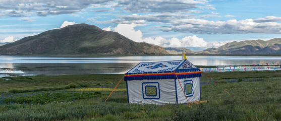 Beautiful tibetan landscape beetwen Samding Monastery on Yamdrok Lake, Tibet