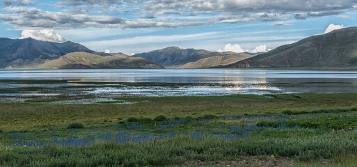 Beautiful tibetan landscape beetwen Samding Monastery on Yamdrok Lake, Tibet