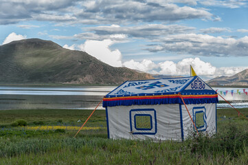 Beautiful tibetan landscape beetwen Samding Monastery on Yamdrok Lake, Tibet