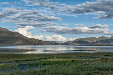 Beautiful tibetan landscape beetwen Samding Monastery on Yamdrok Lake, Tibet