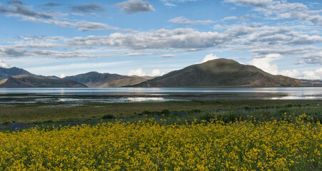 Beautiful tibetan landscape beetwen Samding Monastery on Yamdrok Lake, Tibet