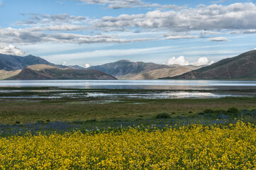 Beautiful tibetan landscape beetwen Samding Monastery on Yamdrok Lake, Tibet