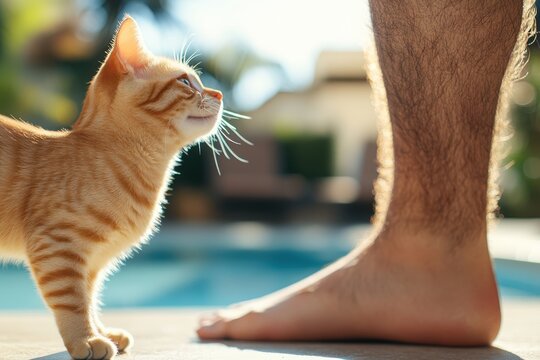 Playful orange cat curiously approaches a relaxed barefoot human by the poolside in bright afternoon sunlight