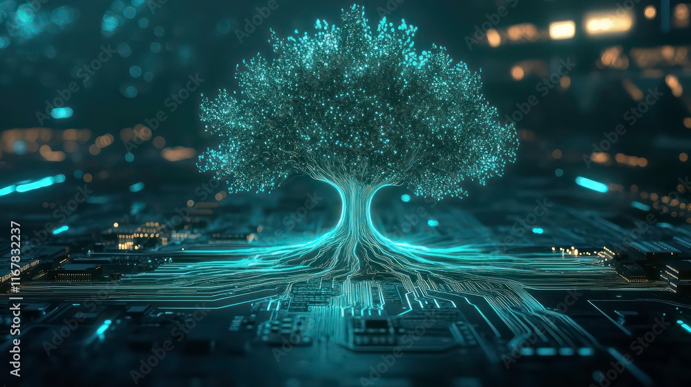 Poster a glowing tree made of circuit lines with roots spreading into a motherboard.