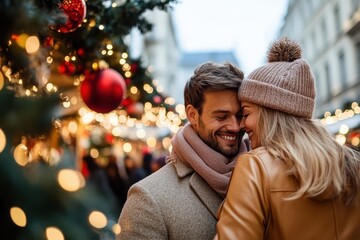 Joyful couple sharing a warm embrace amid festive holiday lights in a charming winter market atmosphere