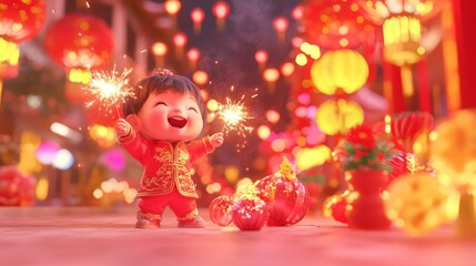 Joyful Lunar New Year Celebration: Children Laughing and Playing with Sparklers Amid Colorful Decorations - 3D Render Digital Artwork