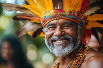Obraz premium Culturally rich celebration of tradition with a smiling elder adorned in vibrant feathers and jewelry in a lush setting