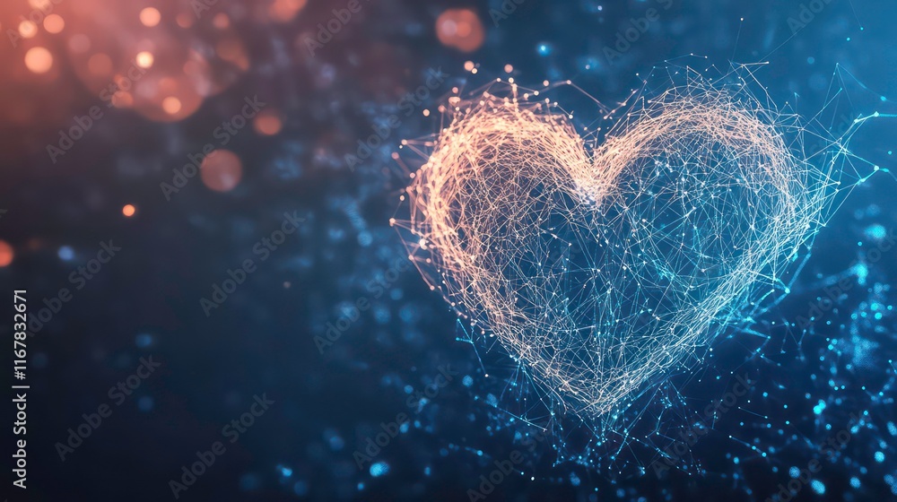 Poster abstract glowing heart shape formed by interconnected lines and dots on a dark background with bokeh