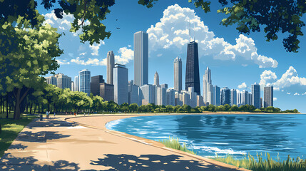 Naklejka premium Forced perspective of chicago skyscrapers along lake michigan shoreline. Shoreline. Illustration