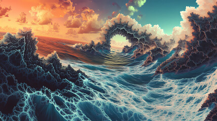 Fractal coastline, infinitely detailed shoreline, recursive island patterns, self-similar waves, mandelbrot set beaches, resolution. Shoreline. Illustration