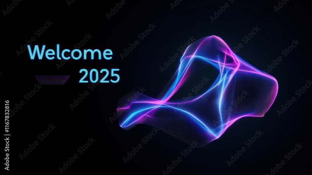 Poster abstract design with glowing lines and a futuristic welcome message.