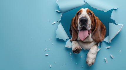 Cute, funny, and cartoonish depiction of a happy Basset hound breaking through a blue wall with a hole in the center. The image is colorful with high resolution, high quality, and high detail.