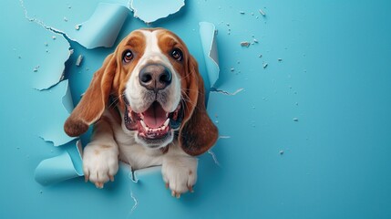 Cute, funny, and cartoonish depiction of a happy Basset hound breaking through a blue wall with a hole in the center. The image is colorful with high resolution, high quality, and high detail.