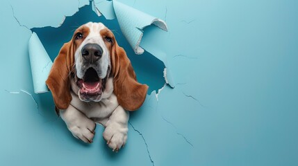 Cute, funny, and cartoonish depiction of a happy Basset hound breaking through a blue wall with a hole in the center. The image is colorful with high resolution, high quality, and high detail.