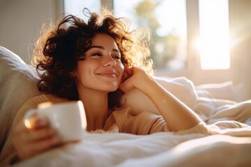 Morning bliss embraces a smiling woman enjoying a warm cup of coffee in a sunlit bedroom