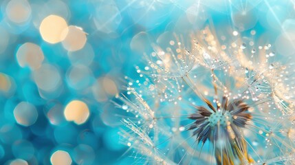 Dandelion Seeds in droplets of water on blue and turquoise beautiful background with soft focus in nature macro. Drops of dew sparkle on dandelion in rays of light