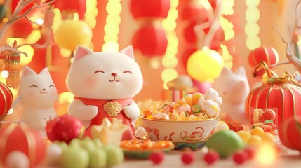 Fototapeta premium Festive Lunar New Year Animal Feast - Joyful Family Celebration in Vibrant 3D Rendered Scene