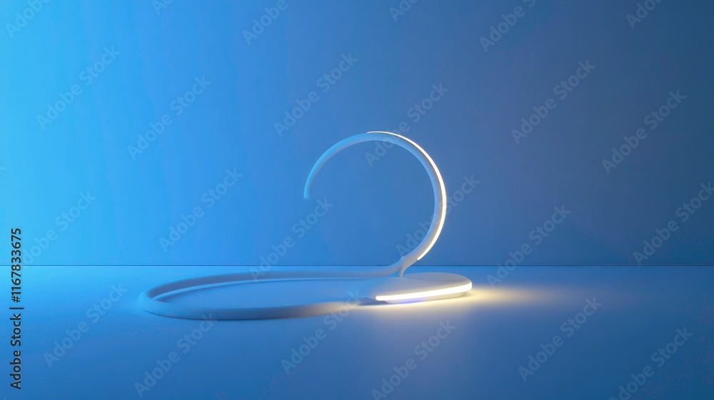 Poster minimalist white curved object with soft light on a blue background.