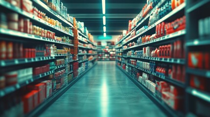 Supermarket aisle with stocked shelves and products.