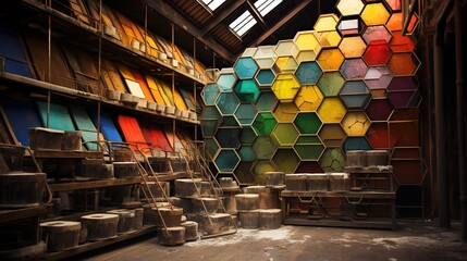 Parches brillantes de materiales de construcciÃ³n hÃ¡bilmente ensamblados en un Ãºnico bodegÃ³n en el que cada elemento destaca por su forma y color, creando una impresiÃ³n visual armoniosa