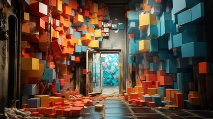 Parches brillantes de materiales de construcciÃ³n hÃ¡bilmente ensamblados en un Ãºnico bodegÃ³n en el que cada elemento destaca por su forma y color, creando una impresiÃ³n visual armoniosa