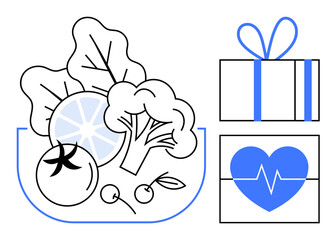 Fresh vegetables thumbs up tomato, broccoli, and leafy greens in bowl. Gift box and heart with pulse line in blue color. Ideal for wellness, nutrition, fitness, health education, diet plans