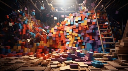 Parches brillantes de materiales de construcciÃ³n hÃ¡bilmente ensamblados en un Ãºnico bodegÃ³n en el que cada elemento destaca por su forma y color, creando una impresiÃ³n visual armoniosa