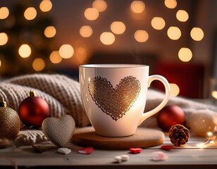 A white coffee mug decorated with a heart pattern sits among Christmas ornaments and pine cones on a cozy knitted surface with warm bokeh lights in the background.
