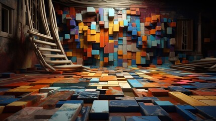 Parches brillantes de materiales de construcciÃ³n hÃ¡bilmente ensamblados en un Ãºnico bodegÃ³n en el que cada elemento destaca por su forma y color, creando una impresiÃ³n visual armoniosa