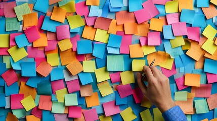 Colorful Sticky Notes Cover A Wall A Hand Writes
