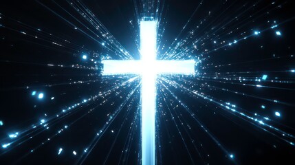 A sleek, glowing white cross surrounded by subtle blue lines and light bursts.