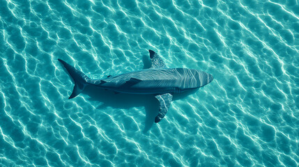 Fototapeta premium Aerial shot of a shark near the shoreline in bright turquoise waters. Shoreline. Illustration
